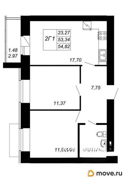 2-комн. квартира, 54.82 м&sup2;