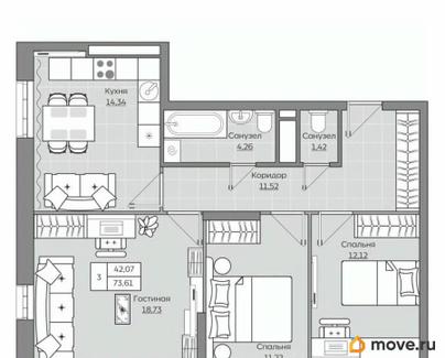3-комн. квартира, 73.61 м&sup2;