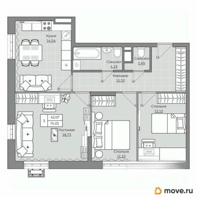 3-комн. квартира, 74.01 м&sup2;