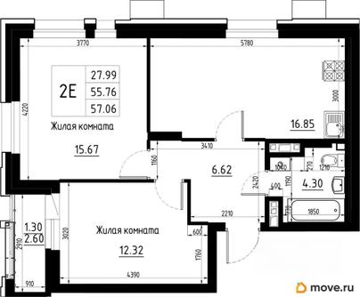 2-комн. квартира, 57.06 м&sup2;