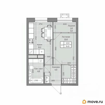 1-комн. квартира, 34.89 м&sup2;