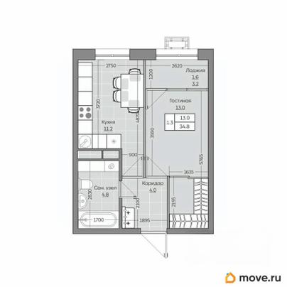 1-комн. квартира, 34.89 м&sup2;