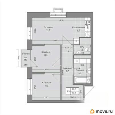 3-комн. квартира, 47.95 м&sup2;