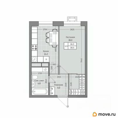1-комн. квартира, 36.52 м&sup2;
