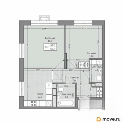2-комн. квартира, 55.25 м&sup2;