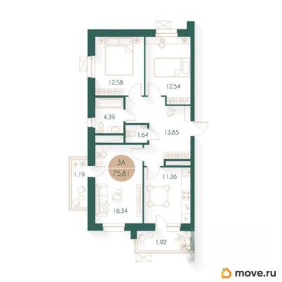 3-комн. квартира, 75.81 м&sup2;