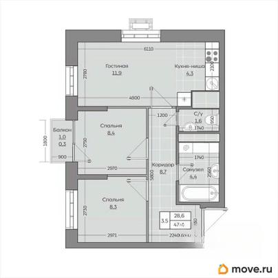 3-комн. квартира, 47.92 м&sup2;