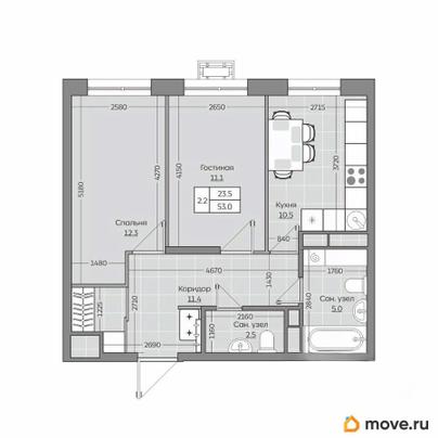 2-комн. квартира, 53.09 м&sup2;