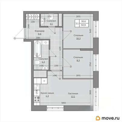 3-комн. квартира, 50.91 м&sup2;