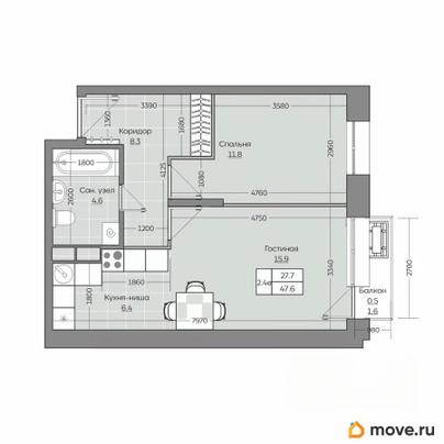 2-комн. квартира, 47.69 м&sup2;