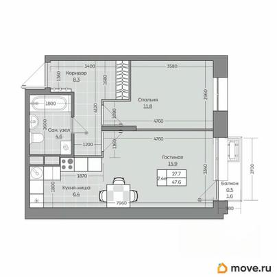 2-комн. квартира, 47.69 м&sup2;