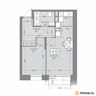 2-комн. квартира, 47.67 м&sup2;