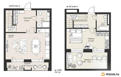 2-комн. квартира, 74.7 м&sup2;