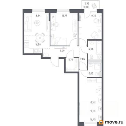 3-комн. квартира, 74.81 м&sup2;