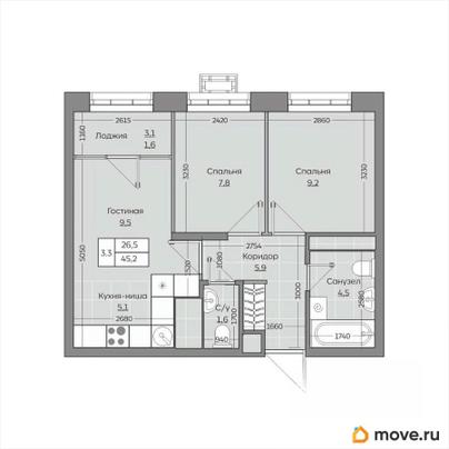 3-комн. квартира, 45.21 м&sup2;