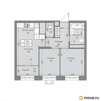 3-комн. квартира, 45.21 м&sup2;