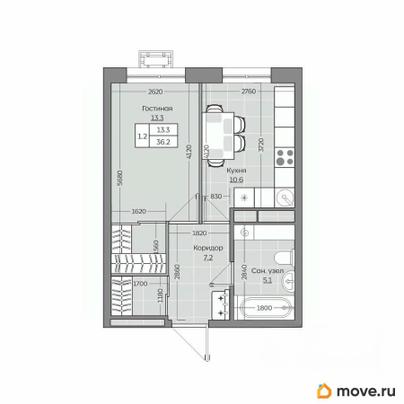 1-комн. квартира, 36.28 м&sup2;