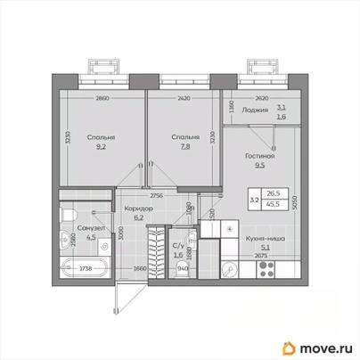 3-комн. квартира, 45.46 м&sup2;