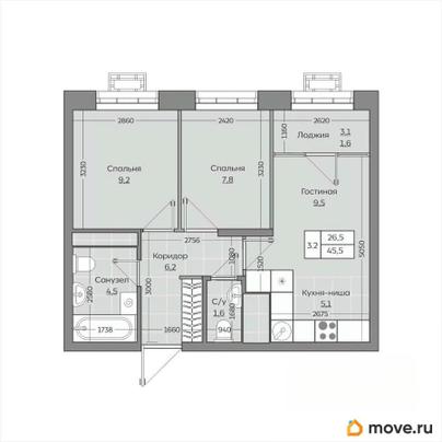 3-комн. квартира, 45.46 м&sup2;