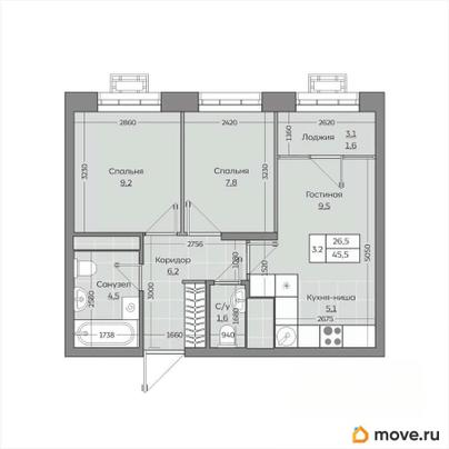 3-комн. квартира, 45.47 м&sup2;