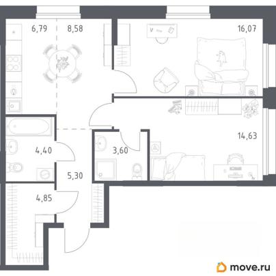 2-комн. квартира, 64.22 м&sup2;