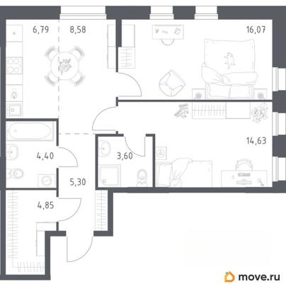 2-комн. квартира, 64.22 м&sup2;
