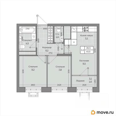 3-комн. квартира, 45.46 м&sup2;