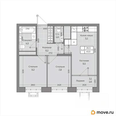 3-комн. квартира, 45.46 м&sup2;