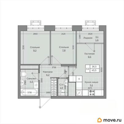 3-комн. квартира, 45.46 м&sup2;