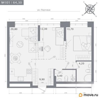 2-комн. квартира, 64.3 м&sup2;