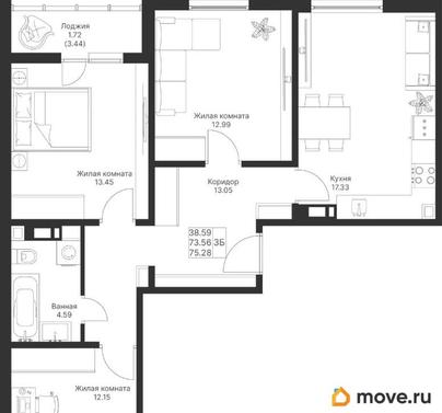 3-комн. квартира, 75.28 м&sup2;