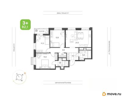 3-комн. квартира, 82.1 м&sup2;