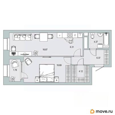 2-комн. квартира, 56.51 м&sup2;