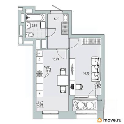 1-комн. квартира, 41.6 м&sup2;
