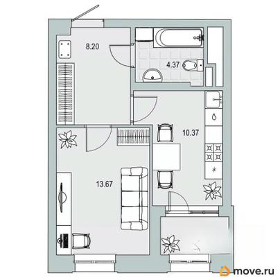 1-комн. квартира, 38.21 м&sup2;