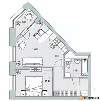 2-комн. квартира, 45.29 м&sup2;