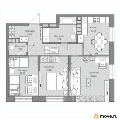 3-комн. квартира, 70.93 м&sup2;