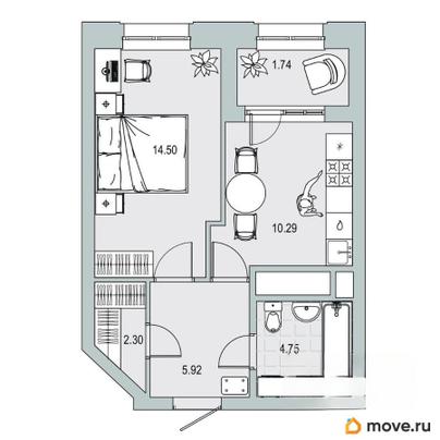 1-комн. квартира, 39.5 м&sup2;