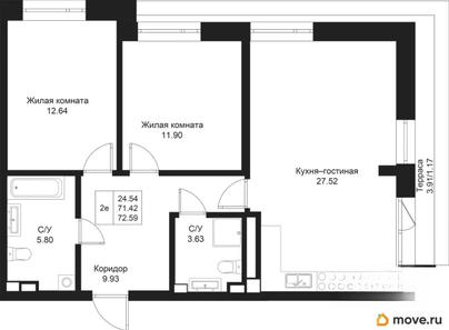 2-комн. квартира, 72.79 м&sup2;