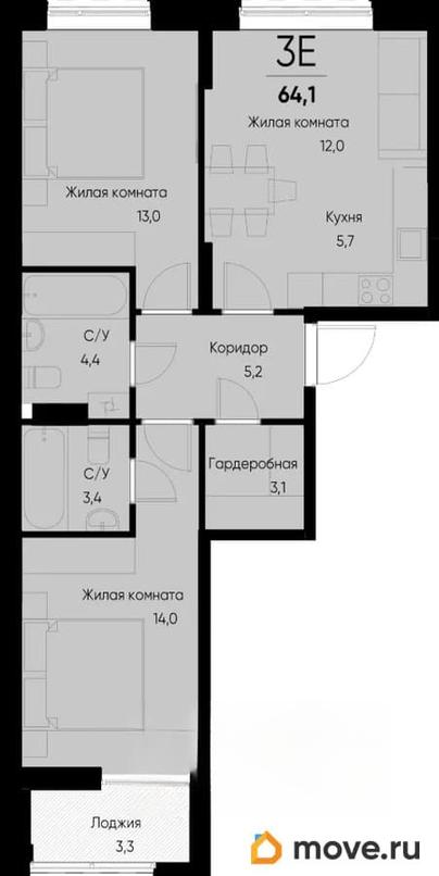 3-комн. квартира, 62.5 м&sup2;