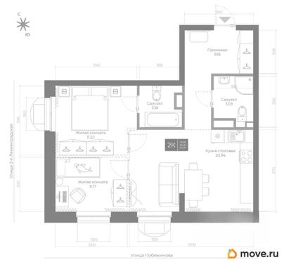 2-комн. квартира, 56.3 м&sup2;