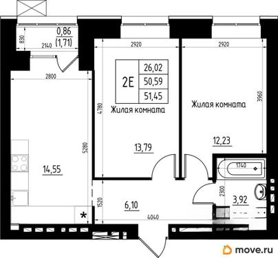 2-комн. квартира, 51.45 м&sup2;