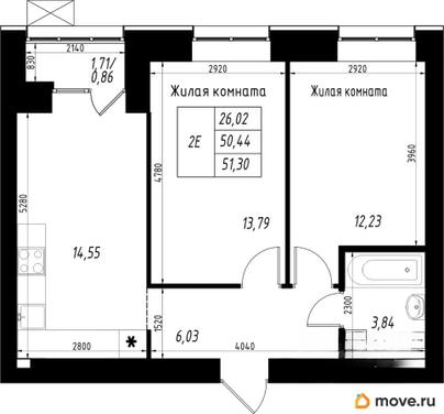 2-комн. квартира, 51.3 м&sup2;