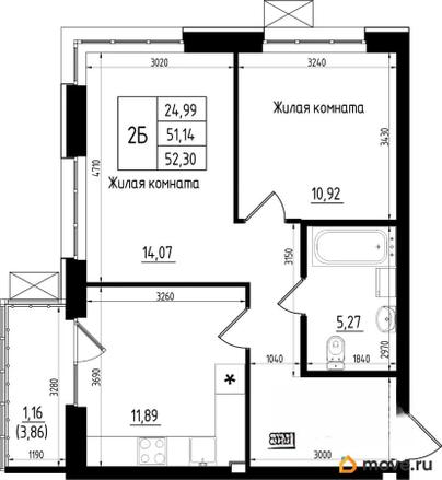 2-комн. квартира, 52.3 м&sup2;