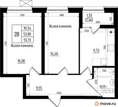 2-комн. квартира, 55.13 м&sup2;