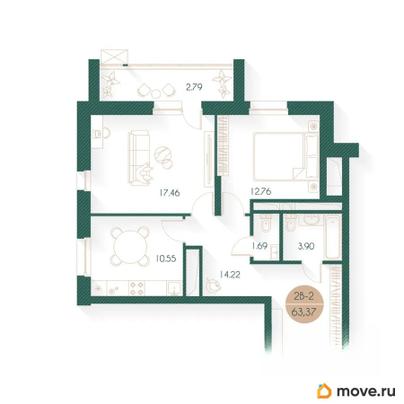 2-комн. квартира, 63.37 м&sup2;