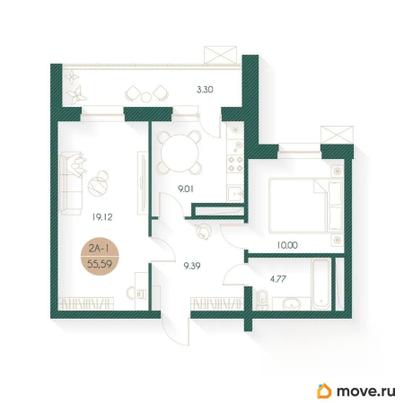 2-комн. квартира, 55.59 м&sup2;
