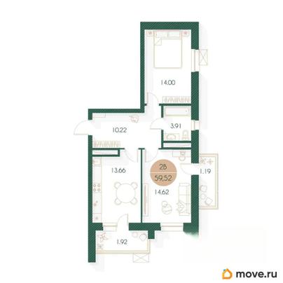 2-комн. квартира, 59.52 м&sup2;