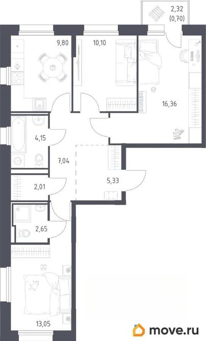 3-комн. квартира, 72.3 м&sup2;