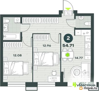 2-комн. квартира, 54.71 м&sup2;